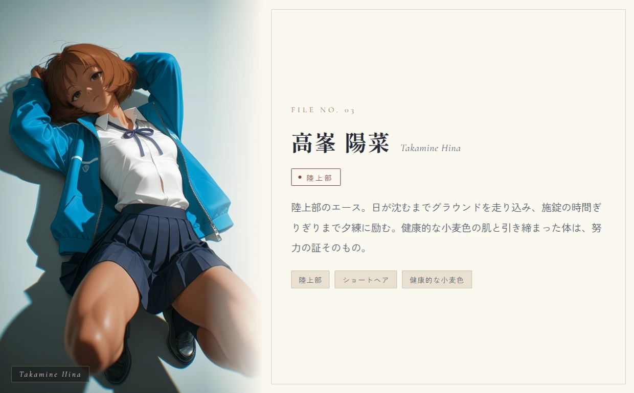 高峯 陽菜（陸上部）。陸上部のエース。日が沈むまでグラウンドを走り込み、施錠の時間ぎりぎりまで夕練に励む。