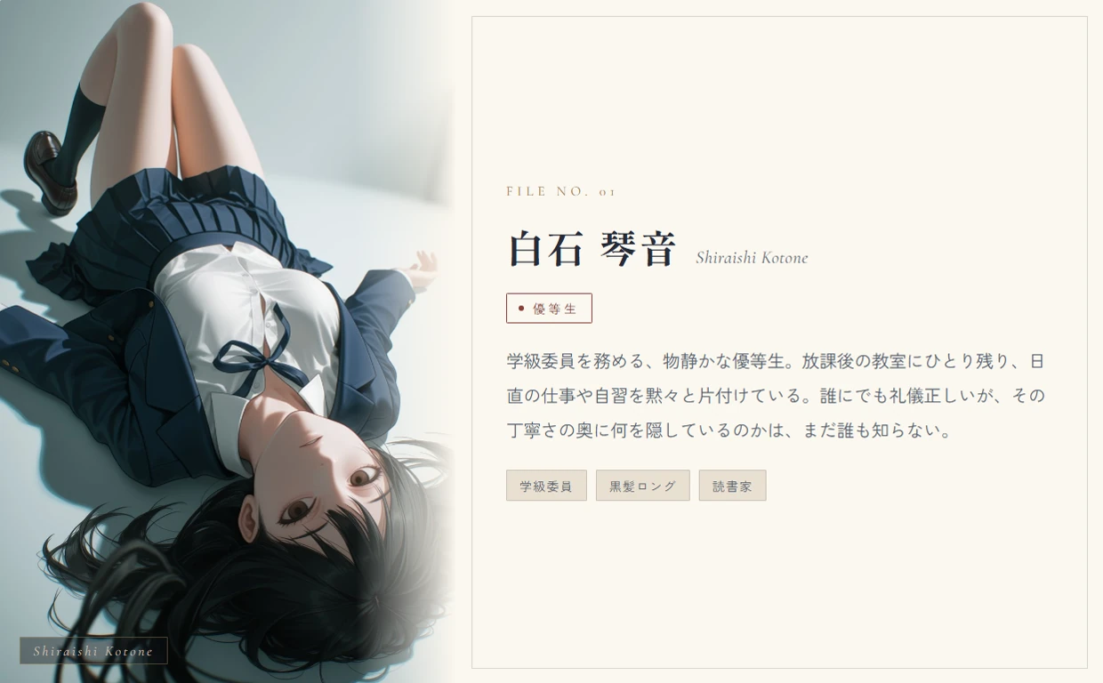 白石 琴音（優等生）。学級委員を務める、物静かな優等生。放課後の教室にひとり残り、日直の仕事や自習を黙々と片付けている。