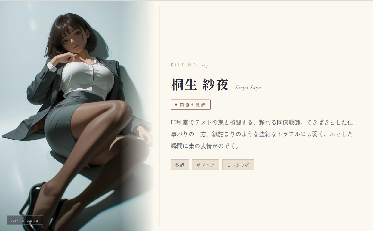 桐生 紗夜（同僚の教師）。印刷室でテストの束と格闘する、頼れる同僚教師。てきぱきとした仕事ぶりの一方、ふとした瞬間に素の表情がのぞく。